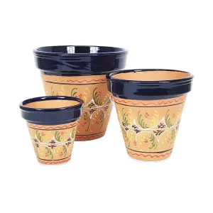 Inca Blue Hand Painted Set of 3 Outdoor Garden Classic Plant Pots (D) 16-29cm