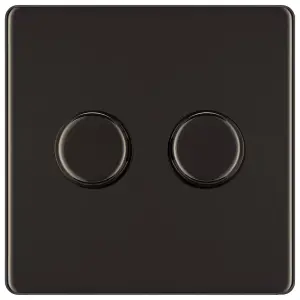 GoodHome Flat profile Double 2 way 200W Screwless Dimmer switch Black 2 gang