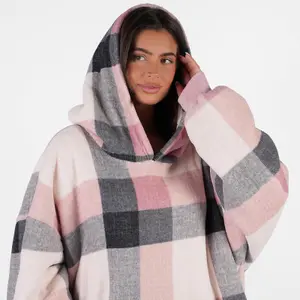 Dreamscene Check Hoodie Blanket Soft Wearable Sherpa Oversized Sweatshirt, Blush