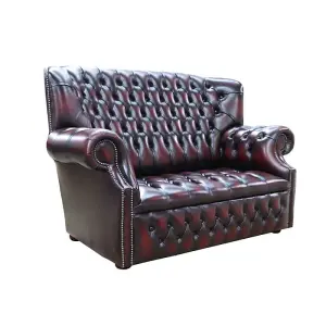 Chesterfield 2 Seater Buttoned Seat Sofa Antique Oxblood Leather In Monks Style