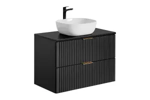 Wall Hung Vanity Unit with Basin 800mm Black Countertop Bathroom Ribbed Drawer Cabinet Adel