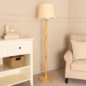 ValueLights Victoria Light Wood Floor Lamp with Linen Scallop White Trim Tapered Shade & Bulb