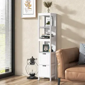 Costway 5-Tier Bathroom Tall Cabinet 145cm Storage Organizer Rack Stand Cupboard w/ 2 drawers