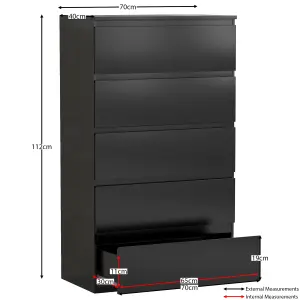 Vida Designs Denver Black 5 Drawer Chest (H)1120mm (W)700mm (D)400mm