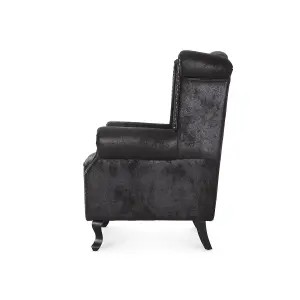 Faux Leather Suede Effect Britannia Wing Back Chair with Union Jack Flag Black