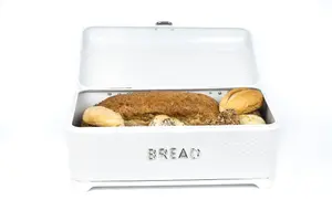 KitchenCraft Steel Bread Bin White Kitchen Food Storage with Lid Retro