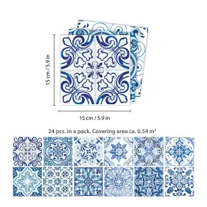 24 Pieces 15x15cm Blue Turkish Mediterranean Tile Stickers