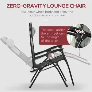 Outsunny Garden Recliner Chairs Set of 2, Outdoor Foldable Zero Gravity Chairs Set w/ Footstool and Detachable Headrest, Grey