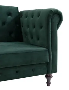 Calgary Velvet Sofa Bed Chesterfield Style 3 Seater Sofa Button Design, Dark Green