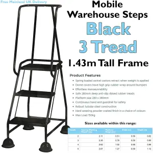 3 Tread Mobile Warehouse Steps BLACK 1.43m Portable Safety Ladder & Wheels