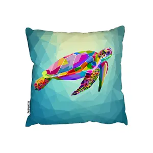 Colorful Turtle Floating Underwater In The Geometric Blue Water Ocean (Outdoor Cushion) / 45cm x 45cm