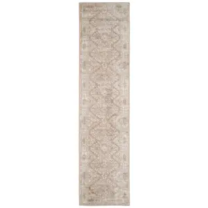 Neutral Beige Bordered Geometric Distressed Runner Rug 60x240cm