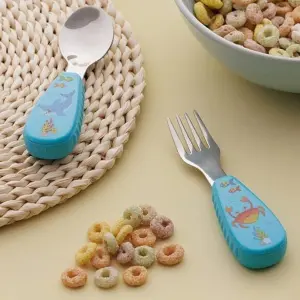 Kids Cutlery Set Stainless Steel Sea Life Themed Silicone Handle Fork & Spoon