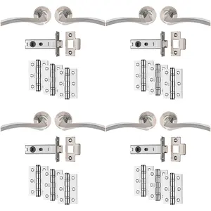 4 PACK - Premium Door Handle & Latch Pack Set- Chrome Curved Square Lever Round Rose