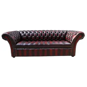 Chesterfield 3 Seater Buttoned Seat Sofa Antique Oxblood Red Real Leather In Balmoral Style