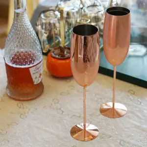 Set Of 2 Copper Stainless Steel Prosecco Glasses Tall Champagne Drinks Flutes