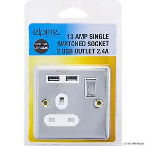 Chrome Polish Single Switched Socket 2 Usb Outlets Home With Fixing Screws