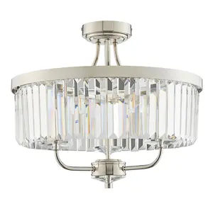 Luminosa Ascoli 3 Light Ceiling Semi Flush Bright Nickel Plate & Clear Cut Glass