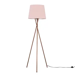 ValueLights Camden Modern Copper Metal Tripod Floor Lamp with Pink Tapered Shade - Includes 6w LED Bulb 3000K Warm White