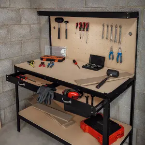 Workbench with Pegboard, Drawer and Light - Black