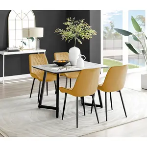 Industrial Design Grey & White Marble Effect Melamine Dining Table Set with 4 Luxury Velvet Chairs Yellow/Black