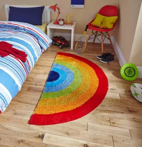 Kids Rainbow Multicoloured Geometric Striped Modern Shaggy Handmade Rug for Living Room and Bedroom-70 X 140cm (Halfmoon)