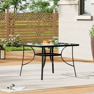 Black Square Tempered Glass Tabletop Metal Outdoor Garden Coffee Table with Parasol Hole 105 cm