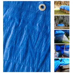 Blue Tarpaulin - (L)3m x (W)2m - Heavy Duty Waterproof  - Metal Fixing Eyelets & Rope Reinforced Hems