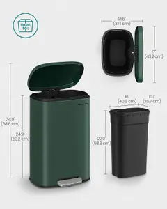 SONGMICS Rubbish Bin for the Kitchen, Soft Close Steel Pedal Bin, Step-On Trash Can with Inner Bucket, Retro Green