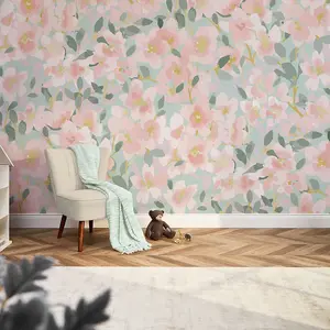 Fresh Flowers Mural In Pink And Duck Egg (300cm x 240cm)