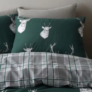 Stag Check Reversible Duvet Cover Set with Pillowcases Green / Double Duvet Cover + 2 Standard Pillowcases