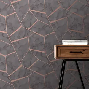 Fractal Geometric Marble Wallpaper Charcoal Grey and Copper - Fine Decor FD42266