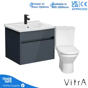 VitrA 600mm Wall Hung Bathroom Vanity Unit with 1 Drawer Includes Basin, Black Tap and Close Coupled Toilet Set - Grey Gloss