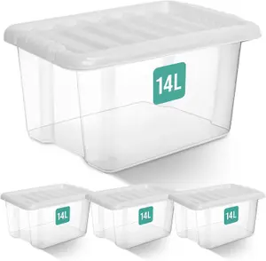 14L BPA Free Plastic Storage Boxes With Lids Set of 4, Stackable, Clea