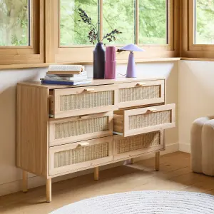 sweeek. 6-drawer chest with cane and wooden effect Camargue Natural 120x40x80 cm