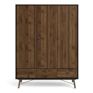 Ry Wardrobe 3 doors + 3 drawers in Matt Black Walnut