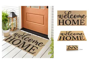 A.Unique Home 15mm Natural Coir Doormat with Printed Pattern 40cm x 80cm - Non-Slip PVC Backed - WELCOME HOME MAT