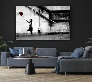 Red Heart Balloon Girl Canvas Print Wall Art - Medium 20 x 32 Inches