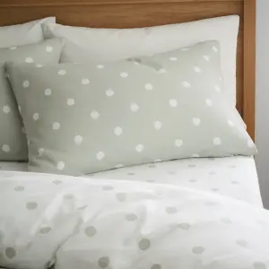 Catherine Lansfield Brushed Polka Dot Cotton Reversible Double Duvet Cover Set with Pillowcases Green