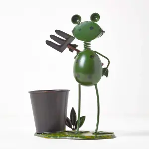 Homescapes Metal Frog with Garden Fork and Flower Pot, 28 cm Tall