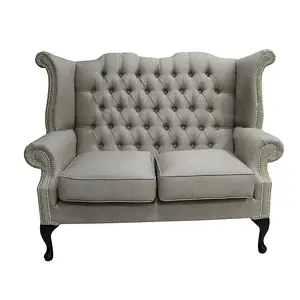 Chesterfield 2 Seater High Back Wing Sofa Charles Fudge Linen Fabric In Queen Anne Style