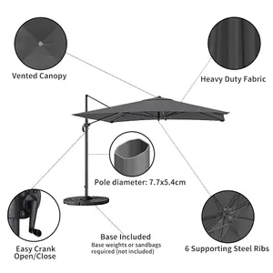 3M Large Square Canopy Rotatable Tilting Garden Rome Umbrella Cantilever Parasol With Fan Shaped Base, Dark Grey