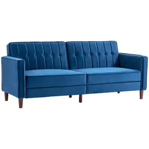 HOMCOM Convertible Sofa Futon Velvet-Touch Tufted Couch Sofa Bed Blue