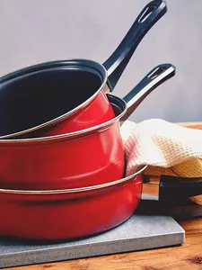 Interiors by Premier 5 Pc Non-Stick Red Pan Set, Kitchen Pots and Pans Set With Bakelite Handles, Stainless Steel Pot Set