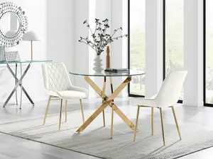 Furniturebox UK Novara 100cm Round Gold Leg Dining Table & 2 Cream Pesaro Gold Leg Chairs