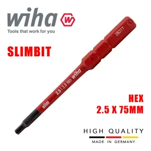 Wiha Slimbit Hex Screwdriver 2.5mm Hexagon Head 1000v VDE Electrician 75mm 37224