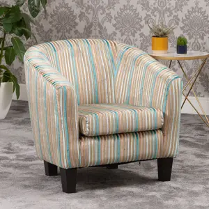 Aurora 69cm wide Aqua Gold Silver Striped Fabric Tub Chair with Dark and Light Wooden Legs