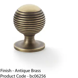 Reeded Ball Door Knob - 32mm Diameter Antique Brass Lined Cupboard Pull Handle