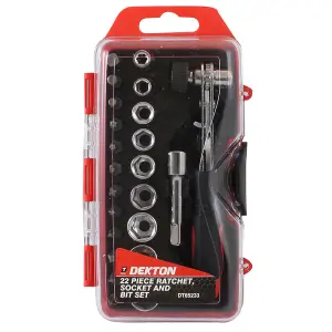 Dekton 22pc Socket and Bits set,Ergonomic anti-slip handle,2 way ratchet,Ultra strong CR-V