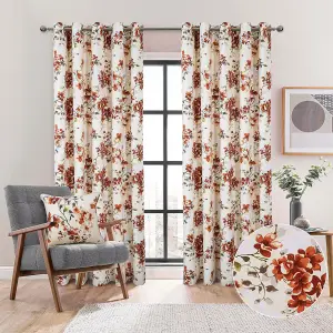 Betty Floral Design Lined Eyelet Curtains for Living Room or Bedroom - Cotton Rich Panama Fabric - Terracotta, 168 x 229cm